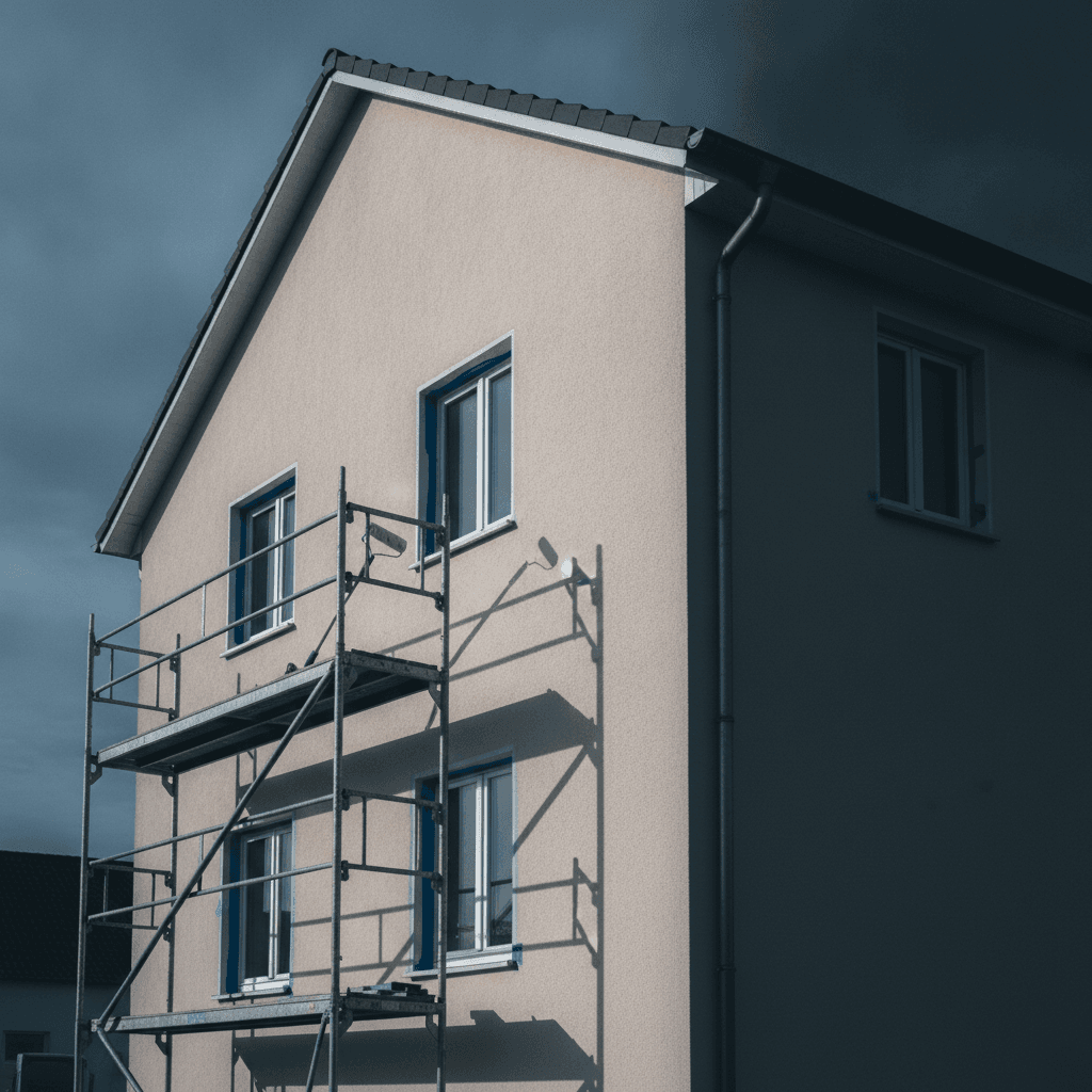 Hausgiebel mit heller Putzfassade und Fahrgerüst davor