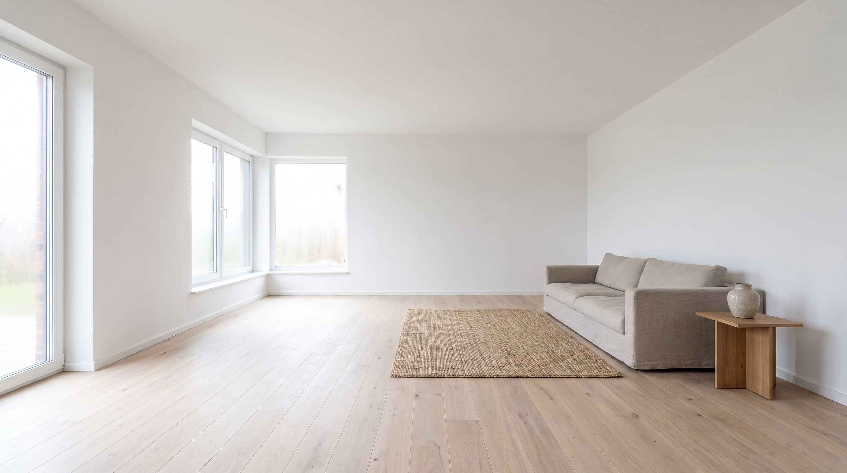 Heller, leerer Wohnraum mit hellem Holzboden, großen Fenstern, Sofa und Teppich
