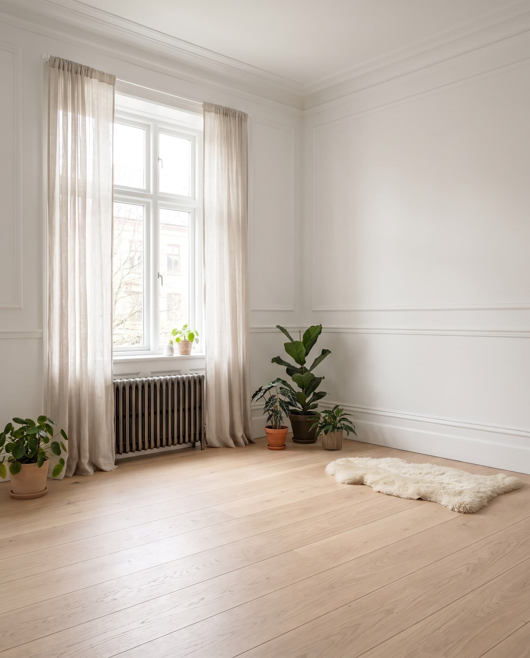 Heller Altbauraum mit hellem Holzboden, hohem Fenster, Vorhängen und Pflanzen